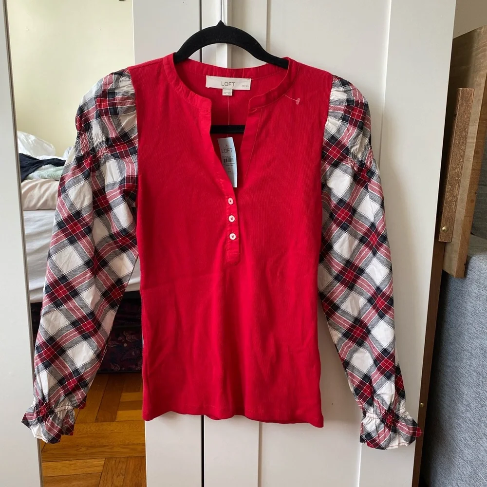 LOFT - NWT Plaid Henley Mixed Media Top - XS - Picture 2 of 9